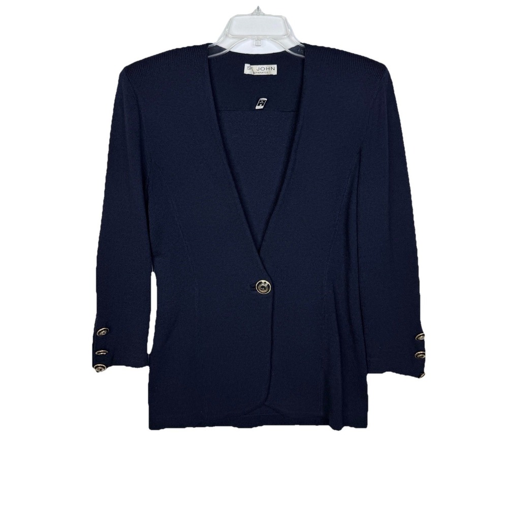 St John Separates Navy Blue Santana Knit Cardigan Jacket One-Button Mid-Length M